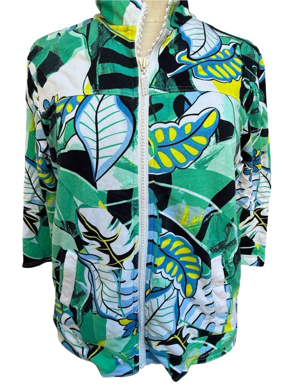Sportelle Tropical Leaf Floral Print 3/4 Sleeve Jacket Cardigan Women's Medium
